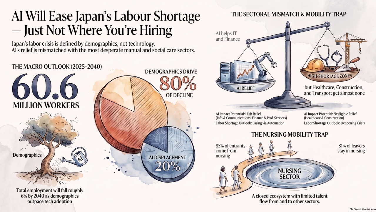 2040年までの日本の労働市場見通しを図解したイラスト。総就業者数は6,060万人まで減少し、その減少の80%は人口動態、20%はAIによる置き換えが要因。天秤の図では、AIの緩和効果がITと金融に偏り、医療・福祉、建設、運輸にはほとんど及ばないことを示している。3つ目のパネルは看護職の移動の罠を示し、入職者の85%が看護職出身、離職者の81%が看護職にとどまる。